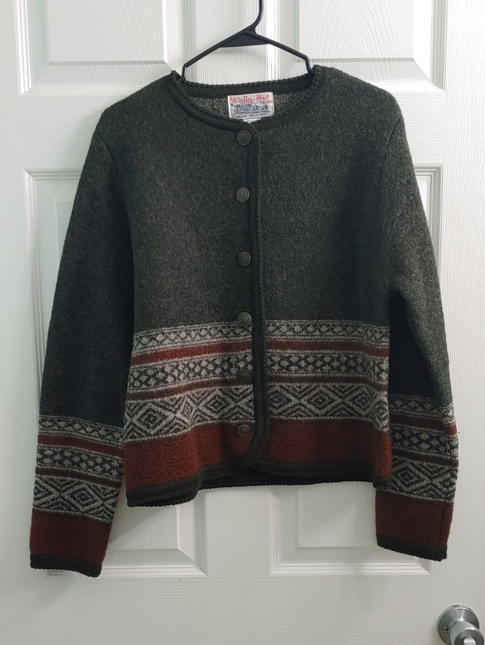 Vintage Tally-Ho 100% Wool Cardigan Grey Fair Isle Sweater Scnadi Girl Size S